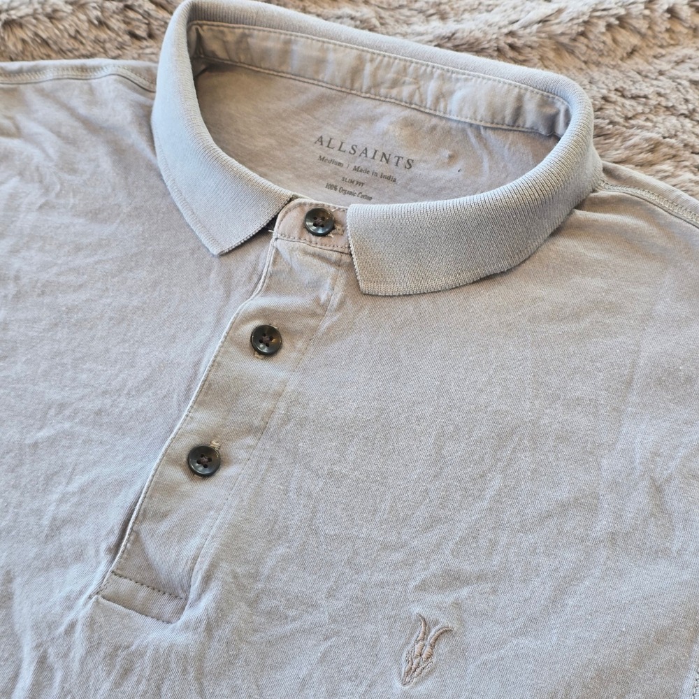 AllSaints Mens Slim Fit Organic Cotton Polo Shirt Grey Ramskull Logo Medium